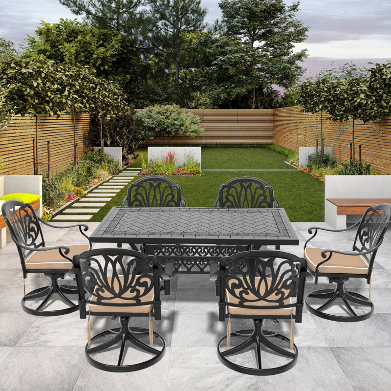 7 chaises en fonte d'aluminium: 6 chaises pivotantes et table rectangulaire - extérieur noir en ébène, 6