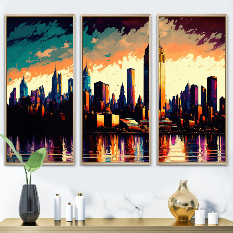 «New York City Skyline At Sunset», reproduction sur toile 3 pièces, Toile naturelle avec cadre flottant