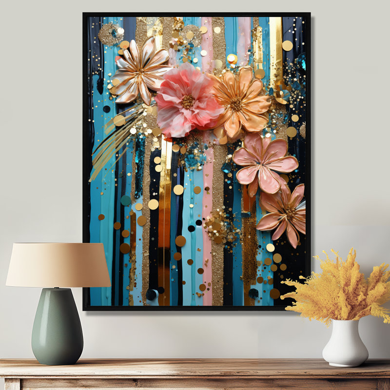 Fleurs roses étincelantes géométriques bleues dorées - art mural floral moderne, H 20 po x l 12 po x P 1 po