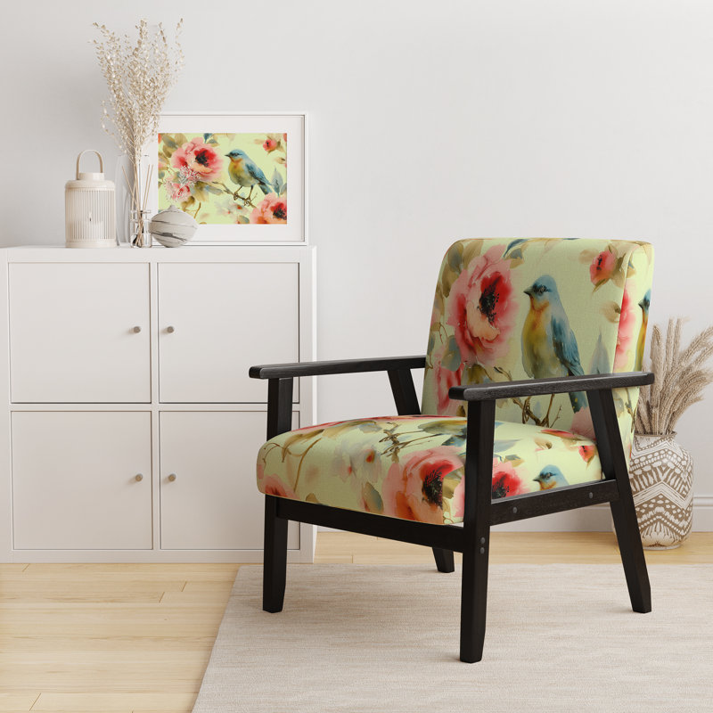 Fauteuil d'appoint rembourré Beautiful Bird Romance I, Mélange de polyester vert, Noir