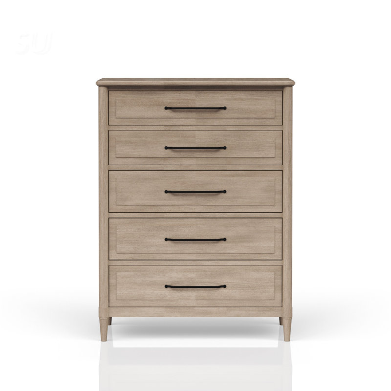 Commode 5 tiroirs avec finition sable, feutre et tiroirs doublés de cèdre pour un rangement et une durabilité accrus