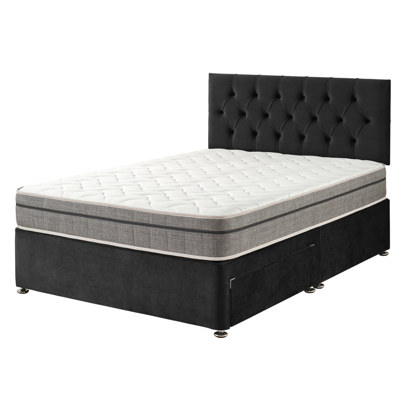 Opie Upholstered Bed with Mattress, Small Single (2'6), 2 Drawers, Onyx