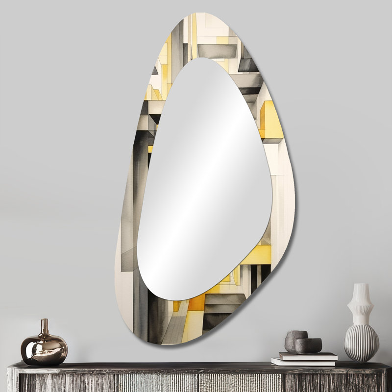 Jaune et gris qui se recoupent II - formes abstraites, miroir mural asymétrique unique, miroir de forme unique moderne, impression sur métal