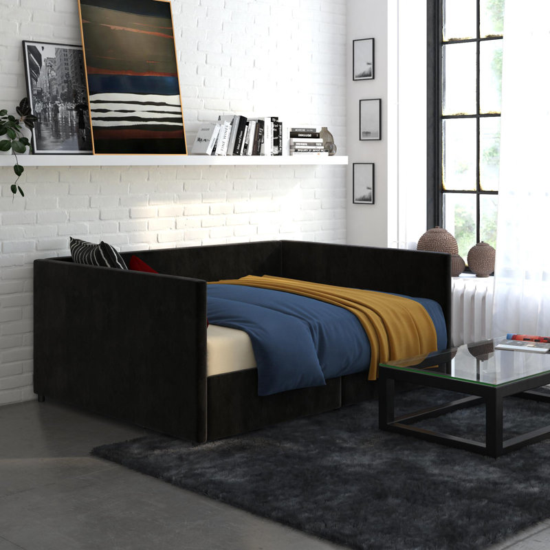 Dmitry Upholstered Daybed with Drawers, Black Velvet, Full