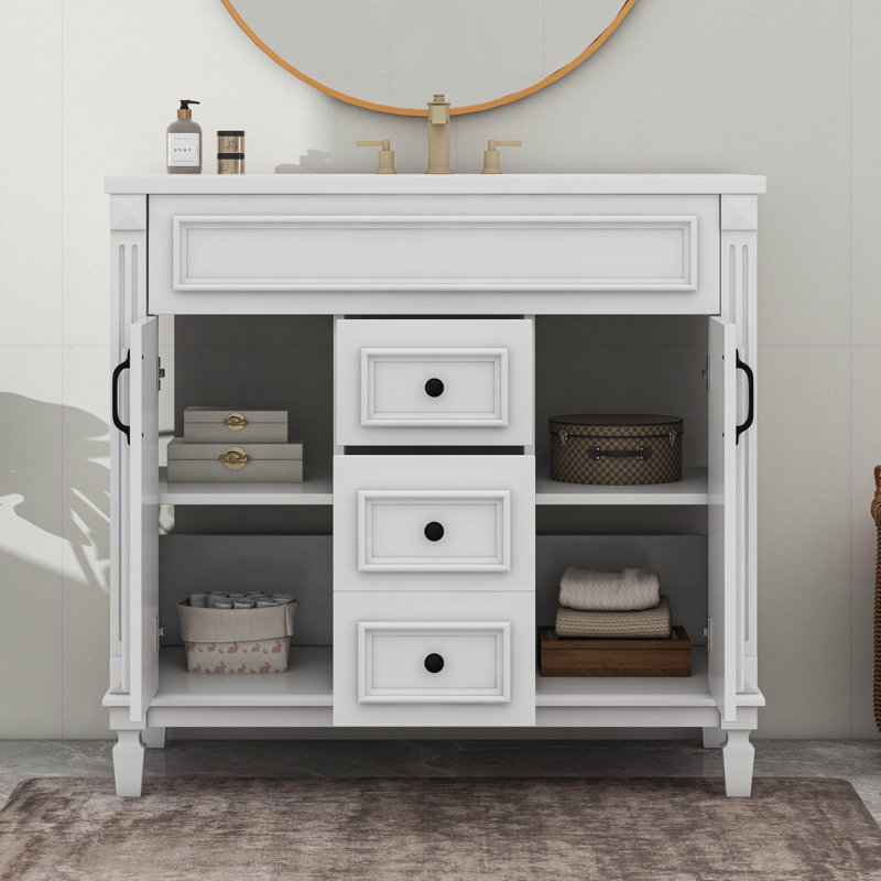 Meuble-lavabo 36 po avec lavabo supérieur, armoire de rangement moderne avec 2 portes à fermeture douce et 2 tiroirs, Blanc