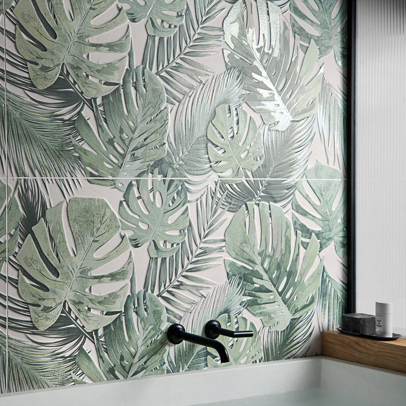 Botanic 24x48 Textured Matte Ceramic Tile, White/Green