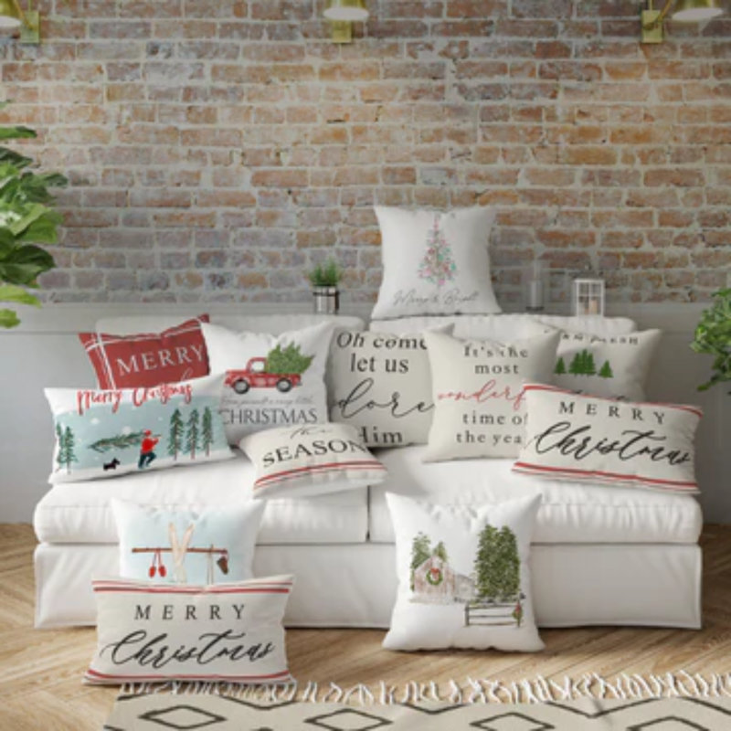  Merry Christmas with Man Carrying Tree Cotton Pillow Cover