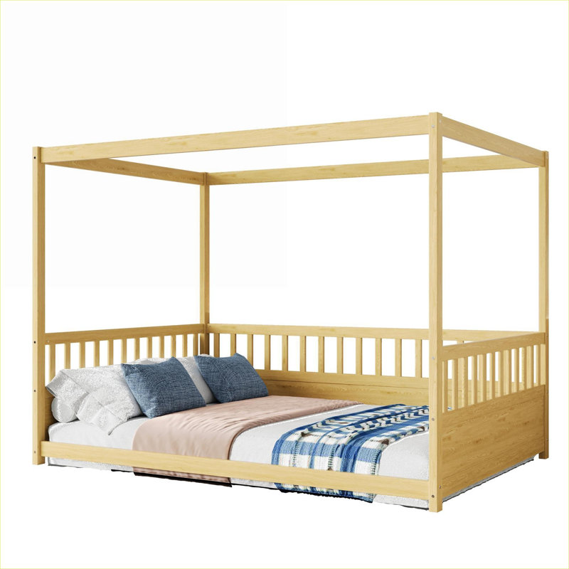 Lit plateforme à baldaquin pleine grandeur à baldaquin avec garde-corps pour enfants Montessori, Brown