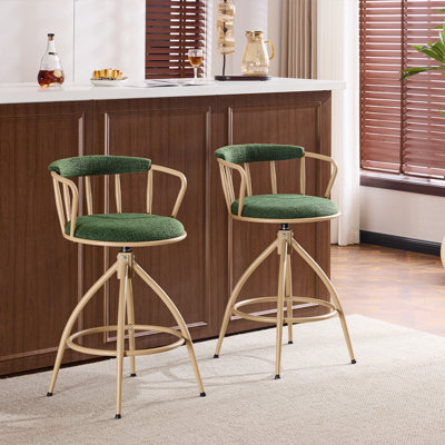 Ensemble de 2 tabourets de bar pivotants verts avec siège en toile de jute et pieds en fer thermolaqué