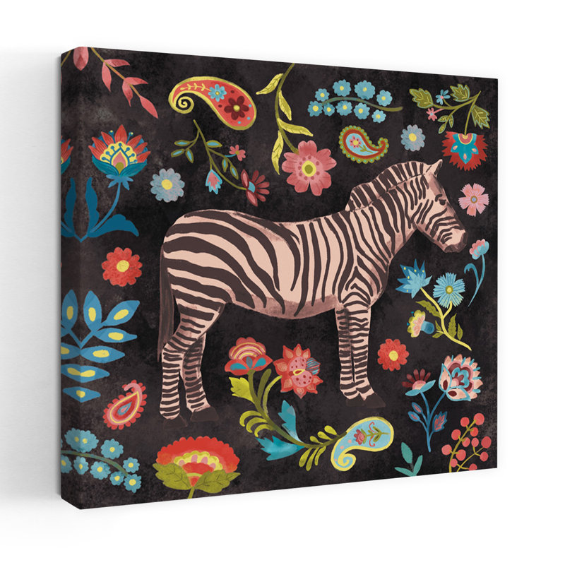 Art contemporain bijoux de la jungle sur fond noir avec animaux, H 18 po x l 18 po