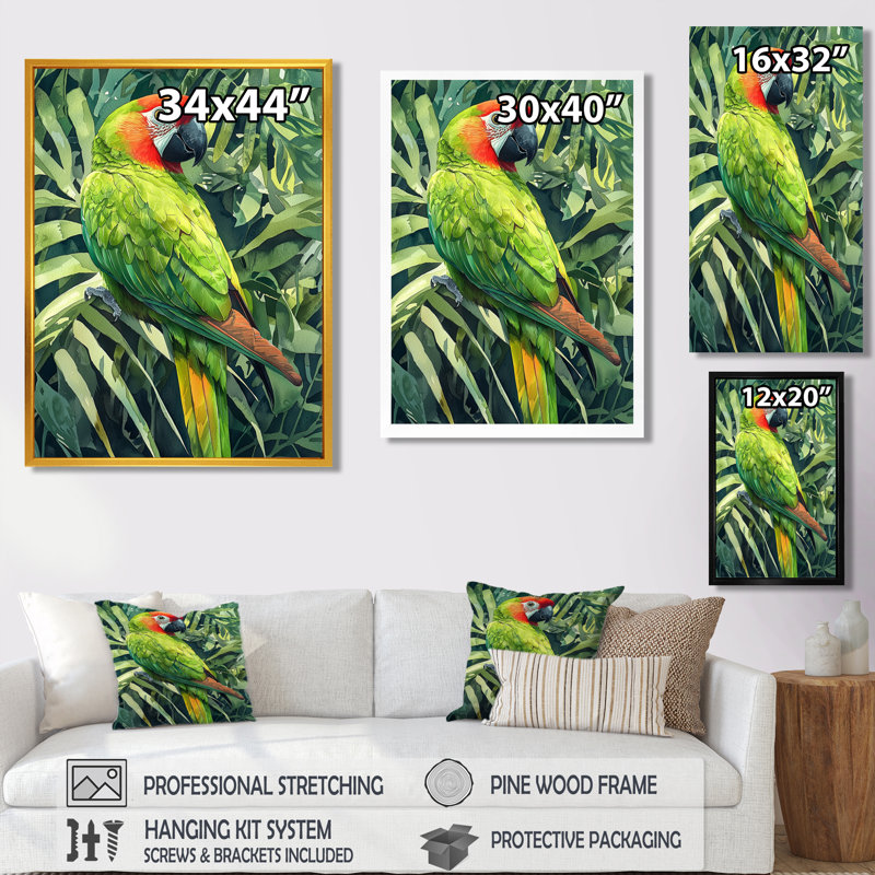 «Cladd Feather And Parrot In The Tropics I», reproduction d'art sur toile, H 32 po x l 16 po, Impression encadrée flottante