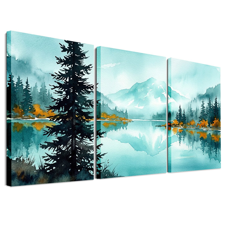 «Teal», aquarelle, lac, pin et montagne, ensemble de 3 toiles, H 18 po x l 12 po x 3 pièces