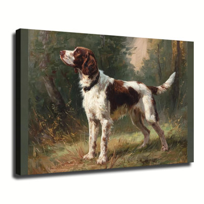 English Springer Spaniel Dog Forest Vintage Oil Painting, Large Gallery Wrapped Canvas Wall Art Print For Living Room Bedroom