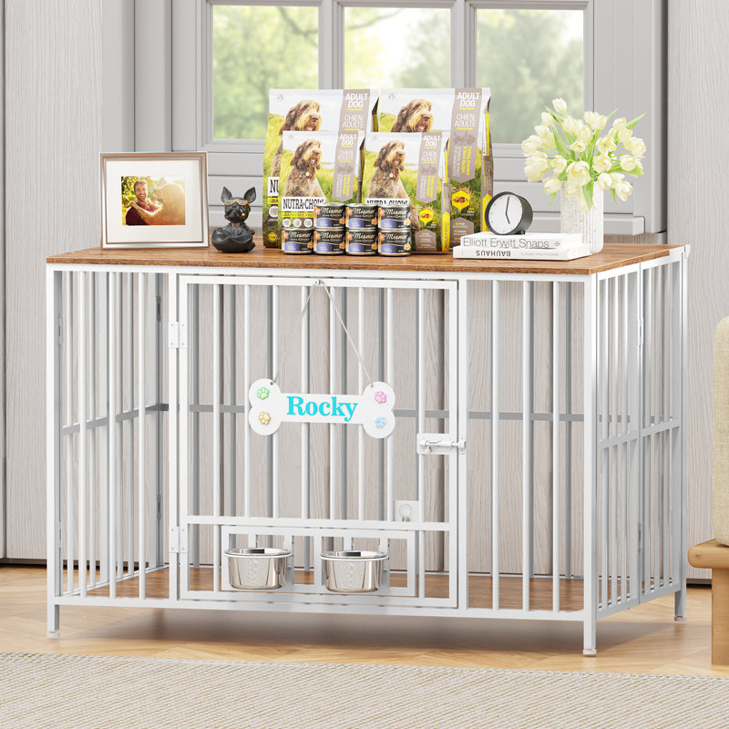 Large Foldable Dog Crate Furniture, Assembly-Free Dog Crate With Adjustable Bowls And Name Tag For Small, Medium, Large Dog