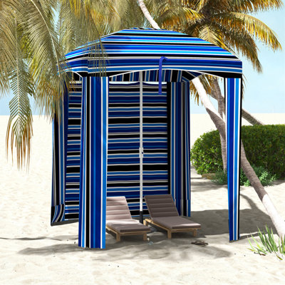 Outsunny 5.9' X 5.9' Portable Beach Umbrella, Ruffled Outdoor Cabana With Walls, Vents, Sandbags, Carry Bag Stripe