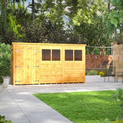 Powersheds 12 x 4ft Timber Tongue & Groove Pent Garden Shed, Double Doors