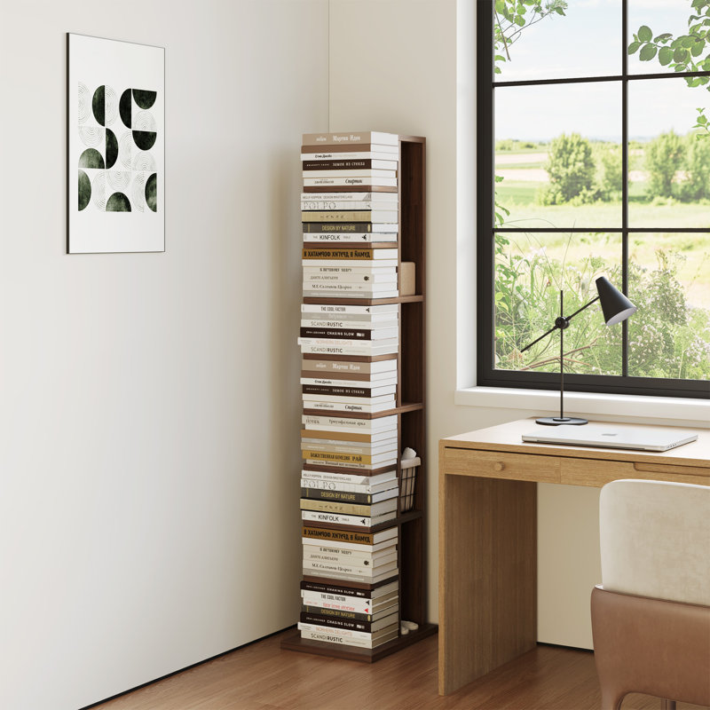 9 Tier Bookshelf, Vertical Corner Shelf With Modern Invisible Spine Ladder Bookcase Space-saving Organizer, Brown
