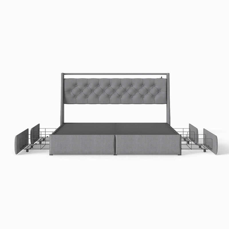 Cadre de lit plateforme en métal gris pour lit Queen, tête de lit avec rangement, éclairage DEL RVB et station de recharge.