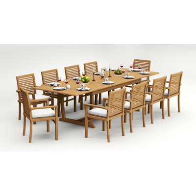 Ensemble de salle à manger 9 pièces en bois de teck de qualité A: table de chevet rectangulaire à double extension de 118 po et 8 chaises à accoudoirs empilables # 11MS2508