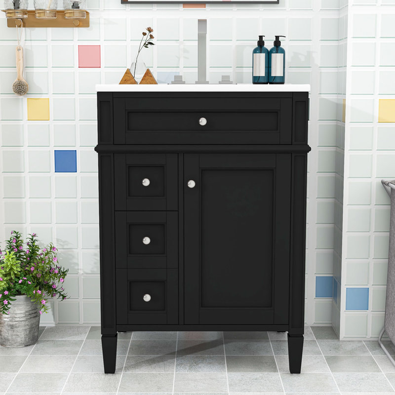 Meuble-lavabo de 24 po avec lavabo supérieur en céramique, armoire de rangement avec 3 tiroirs et tablette réglable, Noir