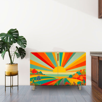 Vintage Mid Century Modern Sideboard Buffet Cabinet with Storage Colorful Sunrise Landscape Abstract Fields Trees with 2 Doors for Living Room and Kitchen