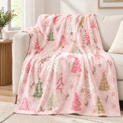 Couverture en flanelle rose à motif sapin de Noël (1 pièce) – Motif festif ; douce et chaude pour relaxer à la maison ; lavable à la machine ; idéale pour décorer le salon ou la chambre à coucher ; cadeau parfait ; facile à transporter pour les activités de plein air.