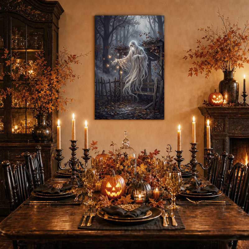 Art mural sur toile, "White Ghost with Glowing Butterflies in Autumn", H 18 po x l 12 po