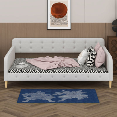 Queen Size Upholstered Daybed, Corner Upholstered Bed Frame With 4 Support Legs, Wooden Slats Support by Mercer41