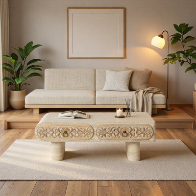 Rounded Edge Coffee Table With Flower Pattern Solid Wood Drawer