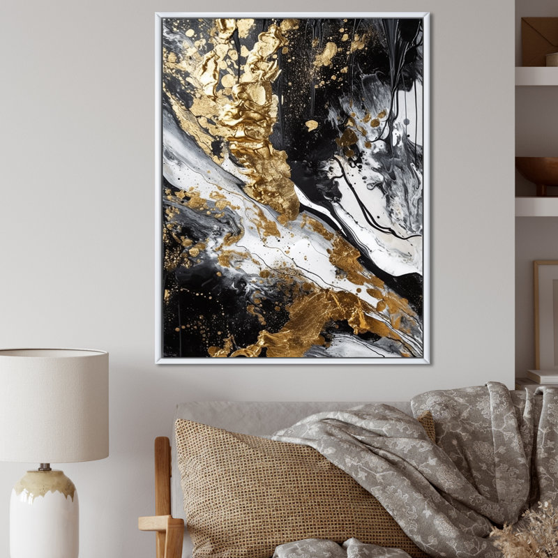 «River Happiness Abstract Gold Black White», reproduction d'art sur toile, H 20 po x l 12 po, Cadre flottant blanc