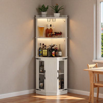 67.3" Corner Bar Cabinet With Power Outlet, Farmhouse Wine Bar Cabinet With Adjustable Shelves For Home,With Lights & Glass Rack For Dining Room, Living Room, Kitchen