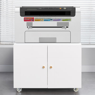 White Metal Printer Stand With Storage Mobile Printer Tables For Small Spaces With Door Adjustable Shelf File Cabinet On Wheels For Home Office.