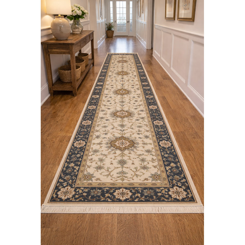 Tapis de couloir crème en laine noué à la main 3 pi 1 po x 13 pi 2 po Floral