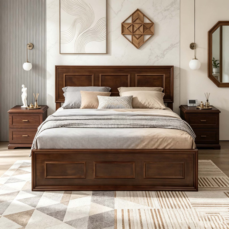 Lit avec tête de lit à hauteur réglable, lit en bois de pin avec cadre de lit renforcé, Full, Walnut