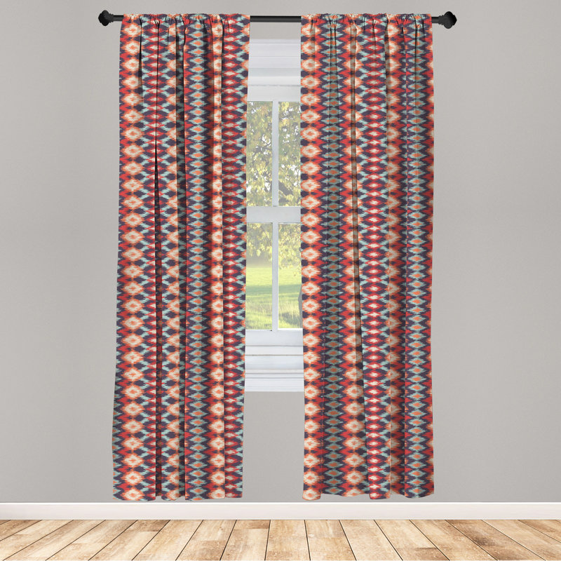 Ikat Window Curtains, Indigenous Civilizations Ornamental Abstract Rhombus and Lines, Lightweight Decorative Panels, Vermilion Orange Seafoam Semi-Sheer Rod Pocket Sliding Panel