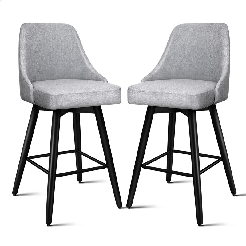 Swivel Upholstered Bar Stool with Steel Frame, Light Grey/Black