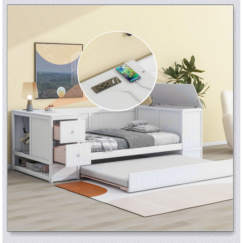 Daybed With Storage Arms, Trundle And Charging Station, White