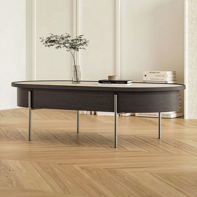 55.12" Gray + Brown + Silver Manufactured Wood + Stainless Steel Oval Coffee Table