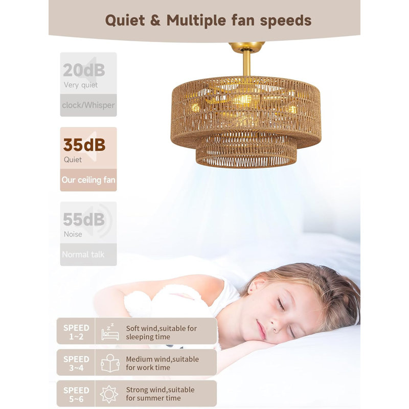 Ventilateur de plafond encastré en rotin avec lumières et télécommande Boho