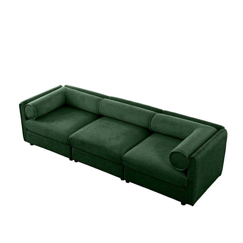 Élégant canapé en chenille verte avec siège de rangement, dossier cylindrique et accoudoirs, canapé contemporain en tissu 3 places avec compartiment de rangement caché