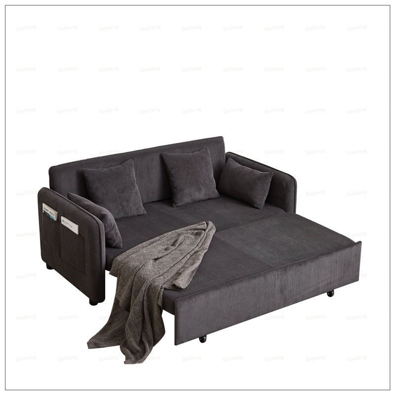 Canapé-lit ajustable de 66 pouces avec 4 tiroirs, 4 coussins, poches latérales, velours côtelé doux, parfait pour le salon et les petits espaces
