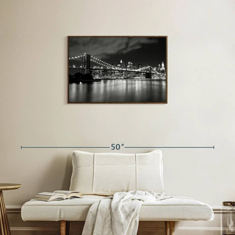 Pont de Brooklyn la nuit, Cadre flottant en noyer, 31 po x 21 po