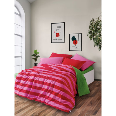 100% Cotton Ranforce Double Quilt Cover Set, Green & Pink/Fuchsia | Duvet Cover 78.7 x 86.6 in., Fitted Sheet 63 x 79 + 11.8 in., 2 Pillowcases 19.7 x 27.6 in. | Reactive Printing, Machine Washable, Button Closure