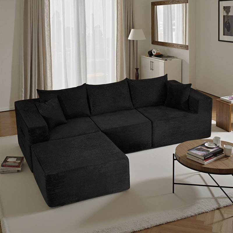 Canapé modulaire 109 po avec 1 repose-pieds Cloud, aucun assemblage requis, Noir