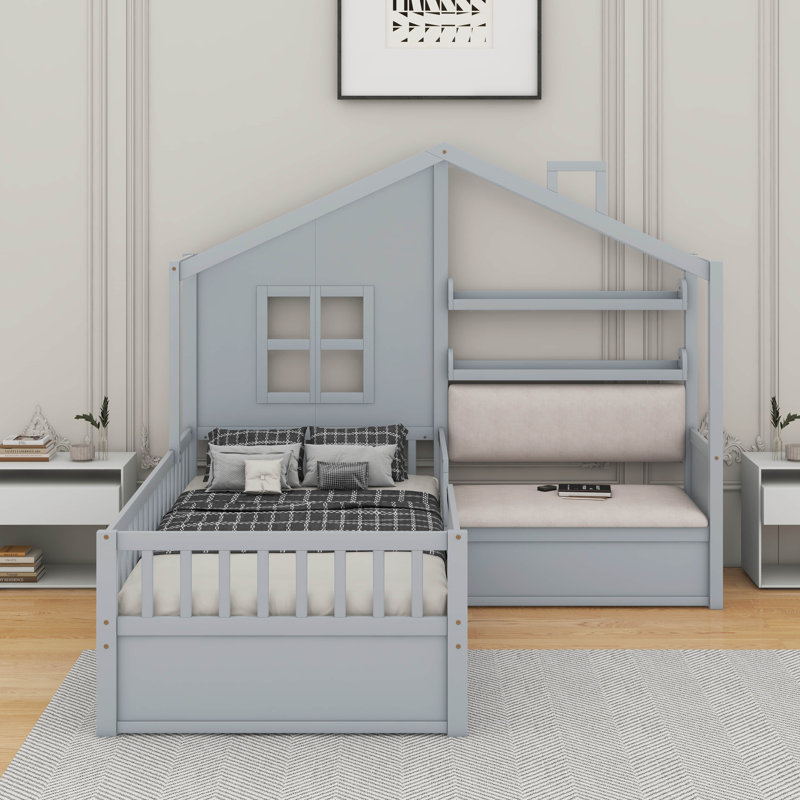 Lit simple avec canapé et tablette, gris