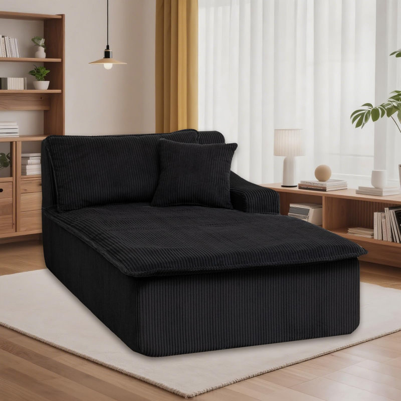 Modern Corduroy Upholstered Chaise Lounge Chair No Assembly Required, Right Hand Facing, Black