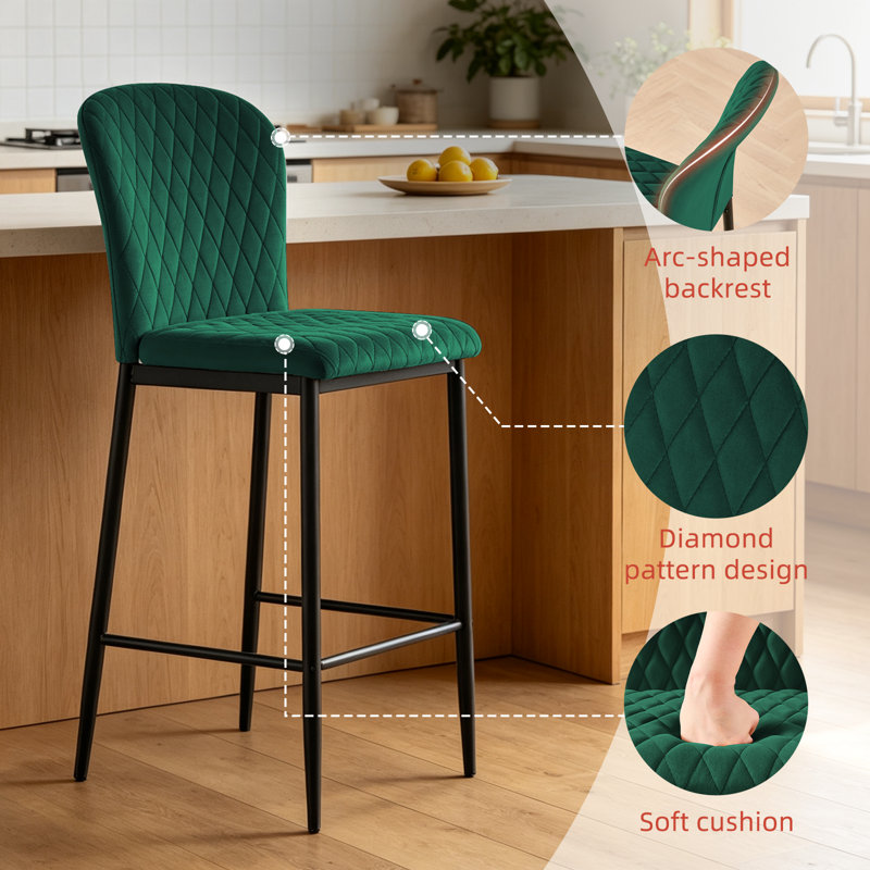 Modern Velvet/Suede Upholstered Bar Stools Diamond Quilted, Armless Counter Height Stools with Backrest, Sturdy Metal Legs with Footrest (Set of 2/4)