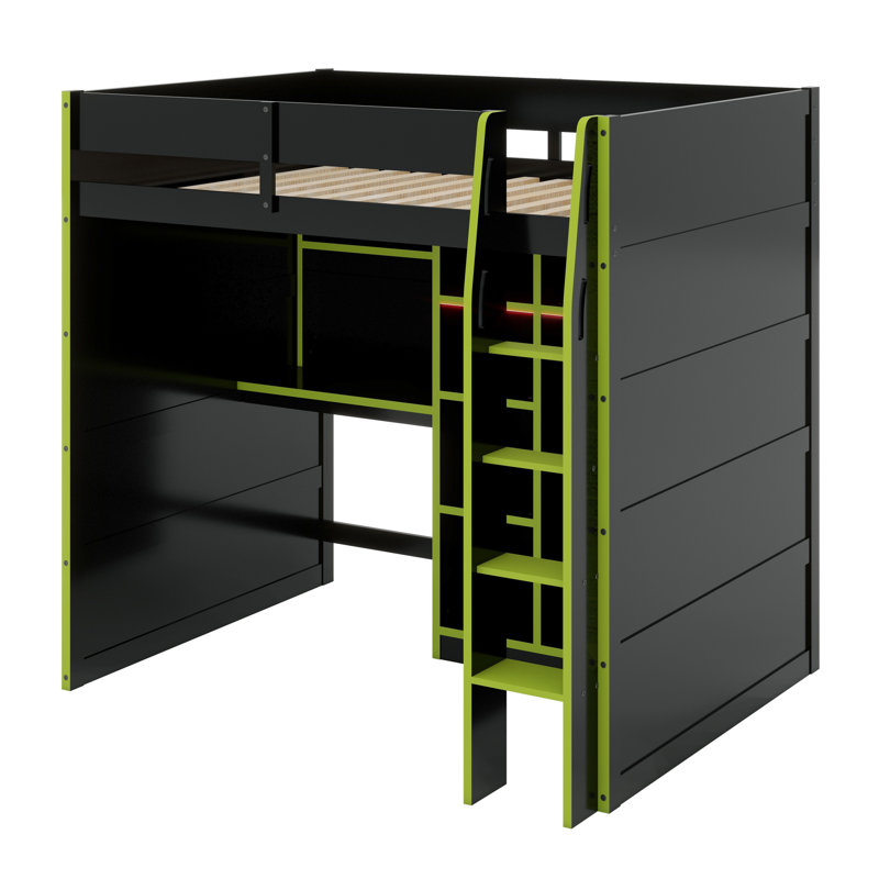 Wood Loft Bed With Desk,Open Wardrobe,Storage Compartments And RGB Lights, Green