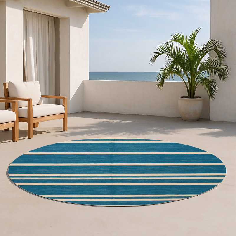 Tapis intérieur / extérieur bleu HorizontalStripes, Rond 5 pi