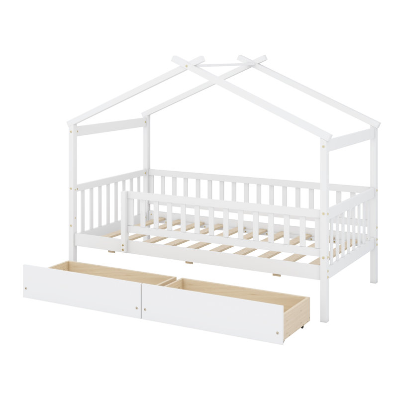 Lit en forme de maison avec tiroirs intégrés, Blanc